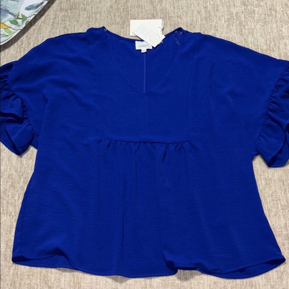 NWT 1X royal blue baby doll bib blouse ANDREe BY unit flowy ruffle 1/2 sleeve - Picture 1 of 5
